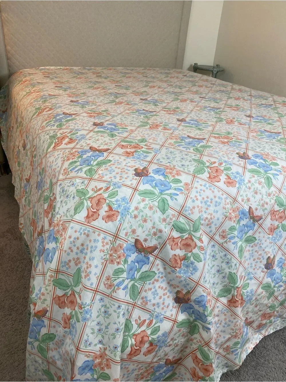 Floral Patchwork Cotton Sheet Set in Blue & Peach by Vintage 1970s